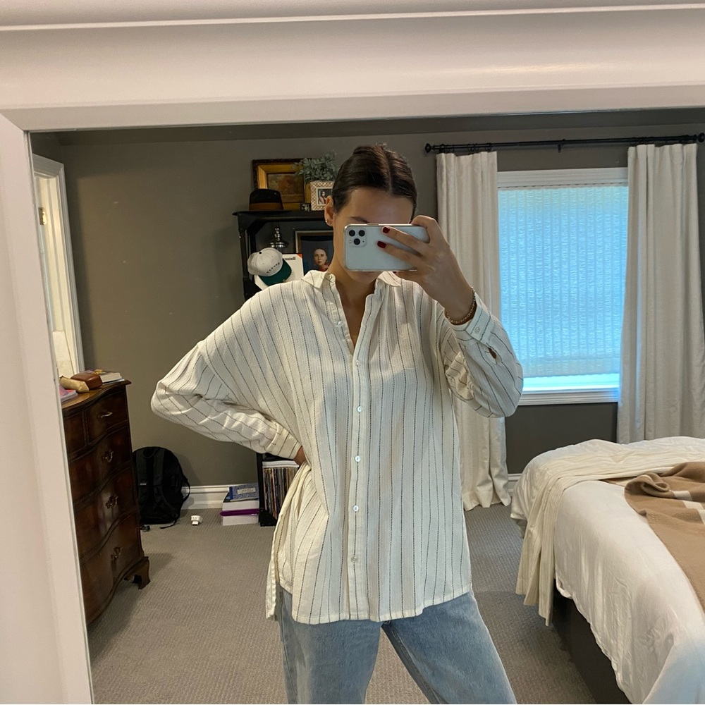 Eileen Fisher Stripped Cream and Black Button Down Shirt
